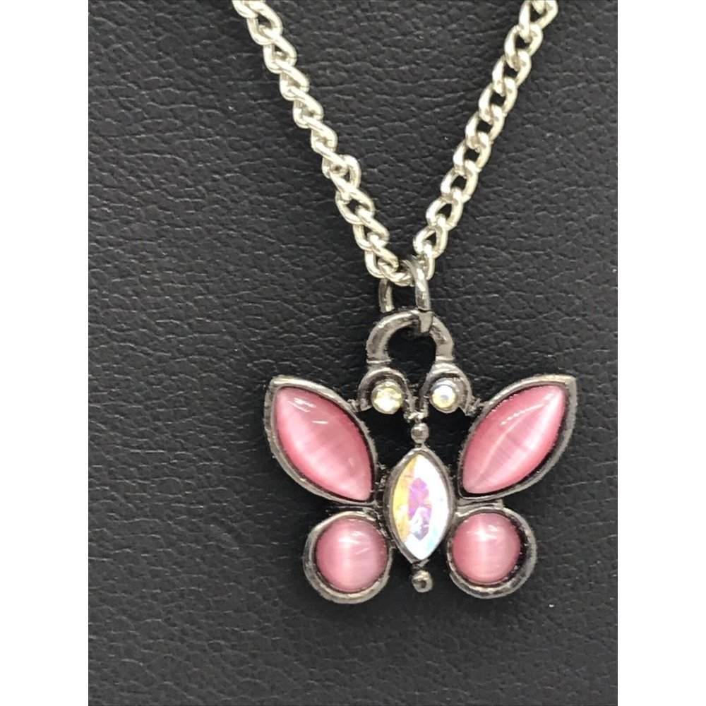 Butterfly Vintage Ab Crystal Chain 18" Pink‎ Stones Necklace